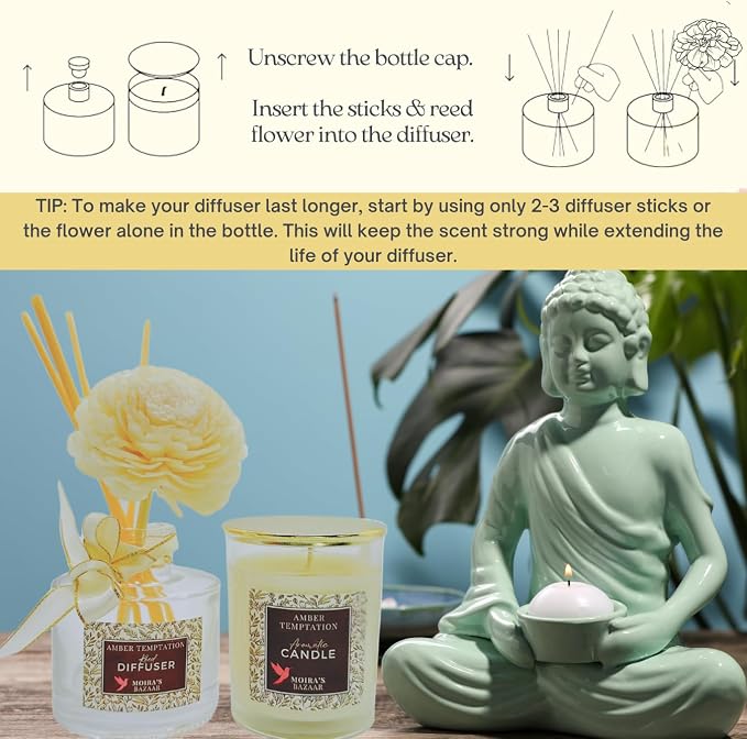 Moira's Bazaar Elysian Essence Aromatherapy Gift Set – Luxury Candle and Flower Reed Diffuser – Perfect Scented Gift for Thanksgiving & Christmas, Gifts for Women (Amber Temptation)