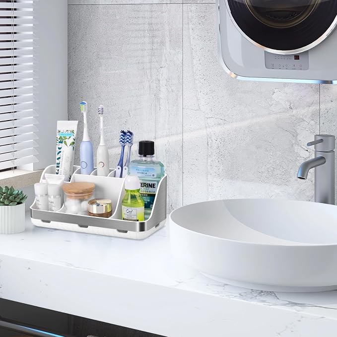 GFWARE Toothbrush Holders for Bathrooms Countertop Organizer - Kids Electric Toothbrush and Toothpaste Holder Detachable 7 Slots Tooth Brush Organization Bathroom Accessories Storage Vanity, Silver