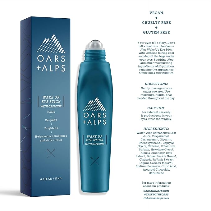 Oars + Alps Wake Up Eye Roller and Eye Depuffer, Infused with Caffeine and Aloe Vera, TSA Friendly, 0.5 Oz, 2 Pack