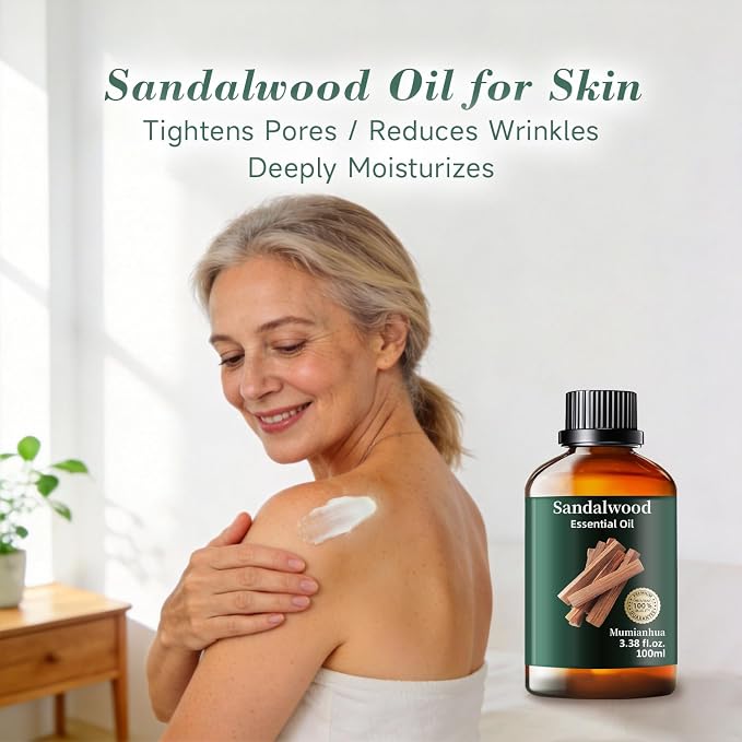 Sandalwood Essential Oil, Woody Scent, Meditation, Diffuser, 3.38 Fl Oz | Mumianhua Sandalwood Oil, Steam-Distilled Earthy Aroma. For Pillow Mist, Skin, DIY, Candle & Evening Diffusion