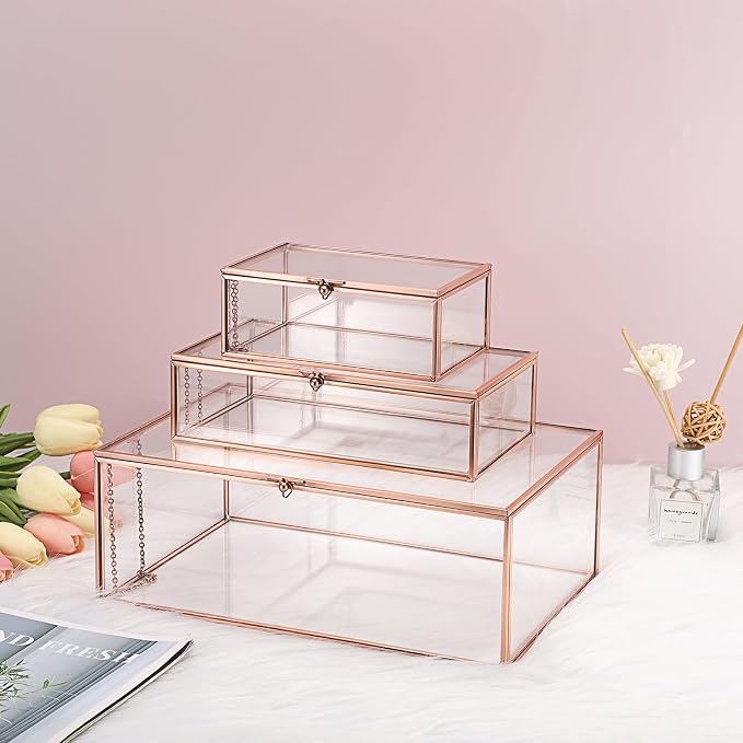 Hipiwe Vintage Glass Box with Lid - Rectangle Jewelry Display Box Vanity Lidded Box Glass Trinket Organizer Rose Golden Decorative Boxes for Keepsakes Perfume,X-Large
