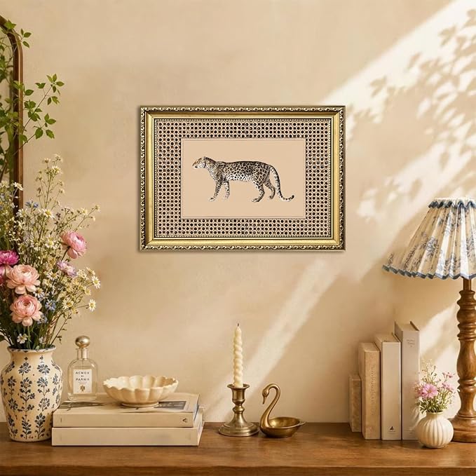 Vintage Leopard Wall Art Cheetah Safari Wall Decor Paintings, Wildlife Animal Poster Canvas Prints Aesthetic for Living Room Bedroom 12x16 inch Gold Framed