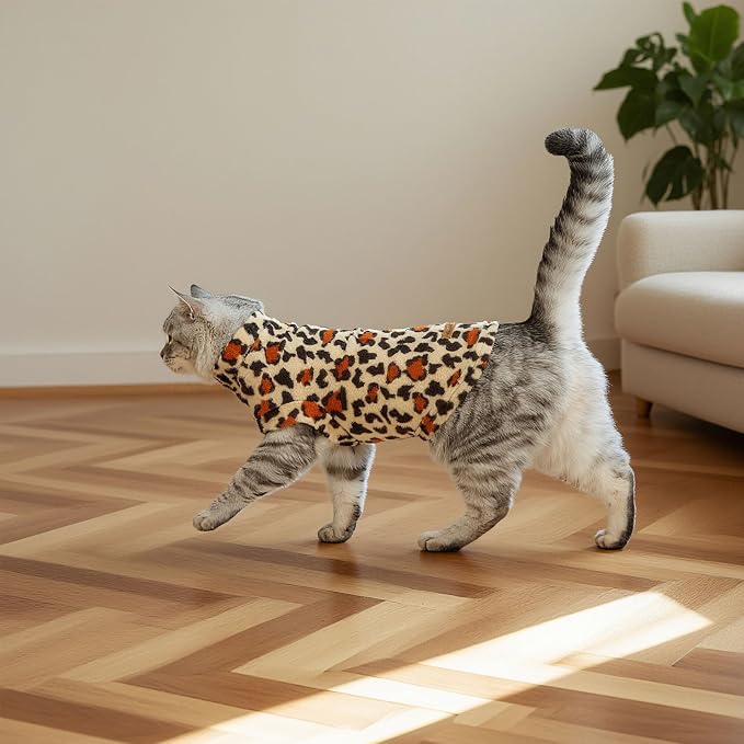 Cat Sweater Warm Fleece Pet Clothes for Cats Only | Soft Cat Vest Puppy Hoodie Coat, Fall Cold Winter Sweatshirt Pullover Clothing also for Small Dogs, Leopard Print S