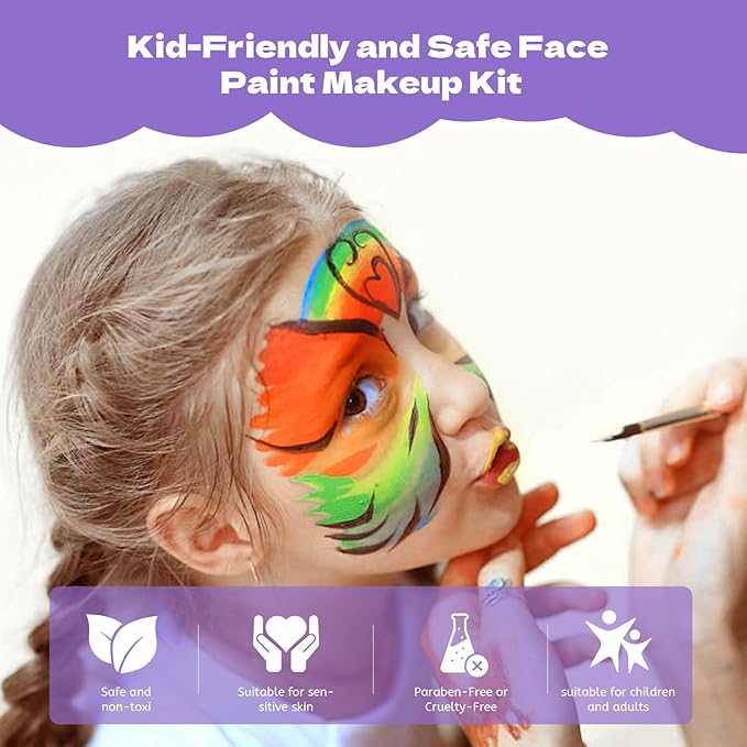 PINTADA 42 Color Face Painting Kit for Kids + 30g Black & White - Non Toxic Water Activated Face paint palette with Stencils, Brushes, Gems - For Halloween Makeup, Carnival, Parties & Cosplay