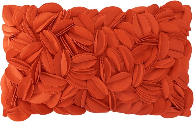 KINGROSE Handmade 3D Floral Throw Pillow Cover, 12x20 Inch, Dark Orange | Solid Flower Cushion Cover, Velvet Decorative Pillowcase, For Bed Living Room Sofa Couch Home