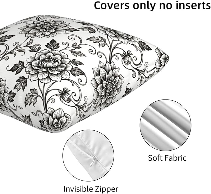 Black White Toile Throw Pillow Covers 18x18 Set of 2 Vintage Floral Decorative Farmhouse Pillow Cases for Couch Home Deco