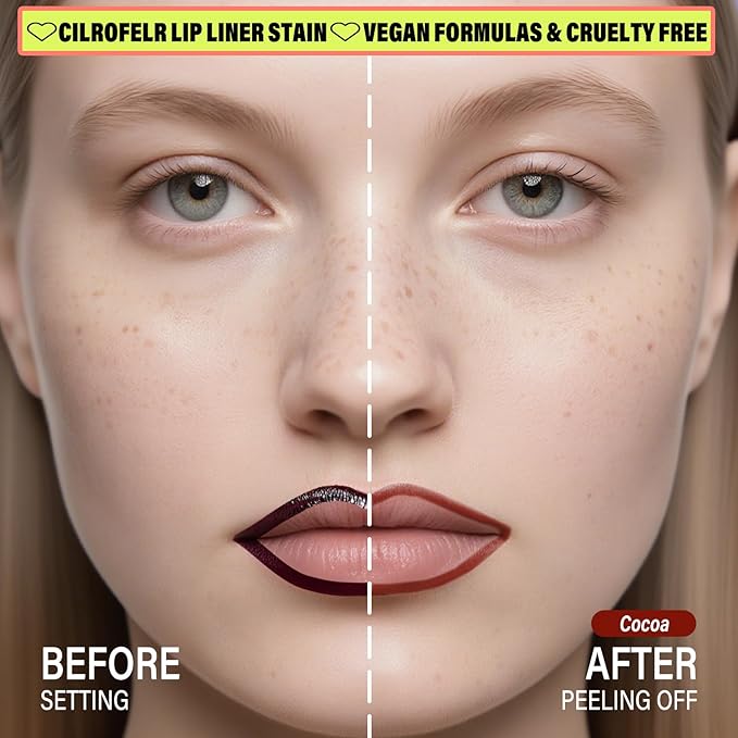Cilrofelr 2 Colors Lip Liner Stain Peel Off Set with Tweezers - Long Wearing, Transfer Proof, Matte Finish, Quick Plump Lip Effect, Peel Off Lip Stain for All Skin Tones (Cocoa + Mauve)