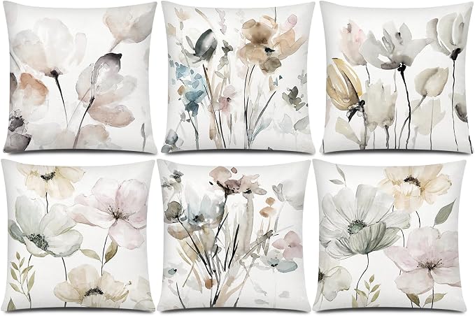 Watercolor Floral Throw Pillow Covers 20x20 Set of 6, Nature Home Decor | daisy Floral, decorative cushion cover, Breathable Linen, large Throw Pillow Size, modern Decor, Couch Sofa Living Room