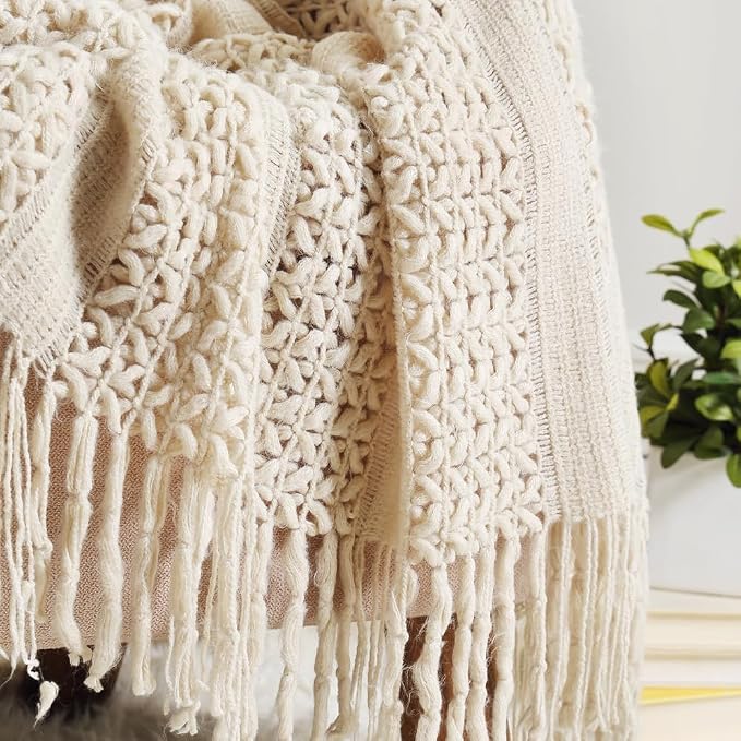 CREVENT Home Decor Farmhouse Couch Sofa Chair Bed Throw Blanket, Soft Warm Cozy Light Weight for Travelling (50''X60'' Beige/Ivory)