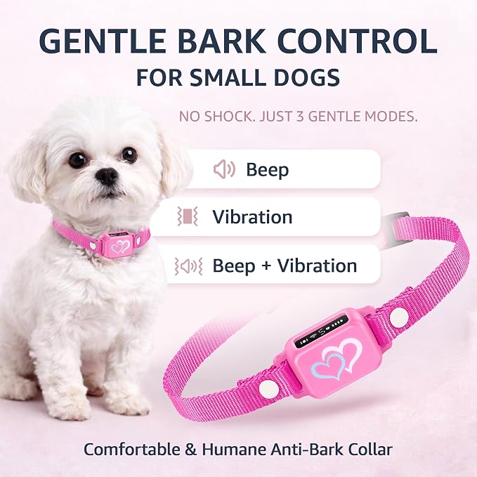 Bark Collar for Small Dogs 5-15 lbs with Magnetic Charging – No Shock, 3 Beep & Vibration Modes, 5 Sensitivity Levels - Humane Stop Anti-Barking Device - Dog Training Bark Collar (Candy Pink)