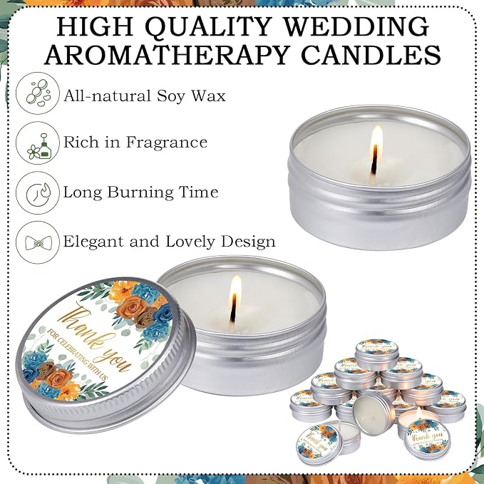 MTLEE 50 Pcs Vintage Floral Wedding Candles Bulk Gift Favors for Guests 1 oz Orange Rose Lavender Scented Soy Wax Aromatherapy Candle for Bridal Shower Rustic Wedding Party Guests