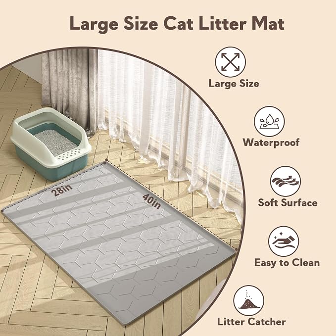 Garoopion Silicone Cat Litter Mat Large 40" X 28", Easy to Clean, Gray | Large Size Waterproof Silicone Mat with Raised Edges, Catch Litter, Protect Floor from Urine, Multi-Use for Dog/Sink/Kitchen