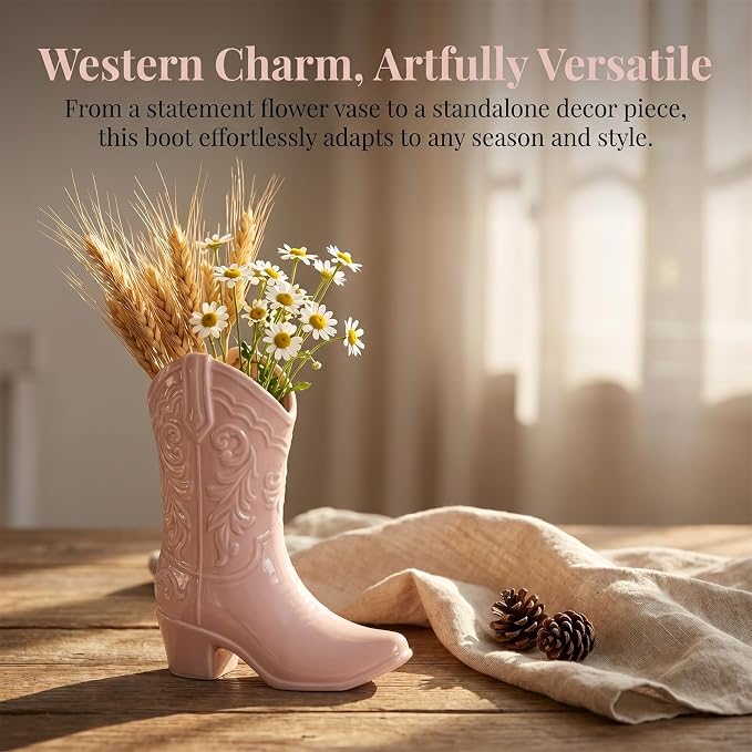 9.13 Inch Pink Ceramic Cowgirl Boot Vase, Unique Western Style Cowboy Boot Vase for Modern Country Home Decor, Wedding Table Centerpiece, Living Room, Bedroom, Office, Gift for Women