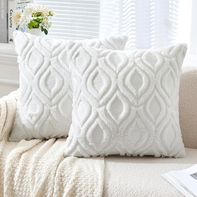 MIULEE Pure White Soft Plush Faux Wool Throw Pillow Covers 18x18 | Set of 2, Farmhouse Boho Home Decor, Decorative Cushion Covers for Sofa, Living Room, Bed