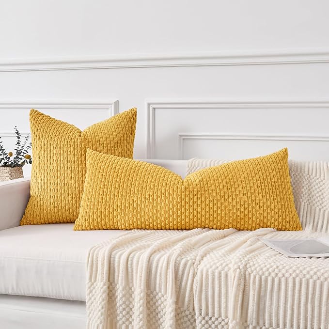 Kevin Textile Soft Corduroy 12"x24" Pillow Cover 1 Pack, Mustard Yellow | Boho Stripe Plush Corduroy Decorative Oblong Cushion Cover Modern Farmhouse Home Decor for Sofa Couch Bed Chair