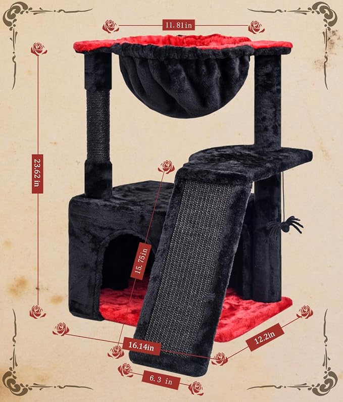 SYANDLVY Gothic Cat Tree for Indoor Cats Large Adult, Modern Activity Tower with Scratching Posts & Board, Condo with Plush Perch, Cradle & Hanging Ball & Spider for Play, Black