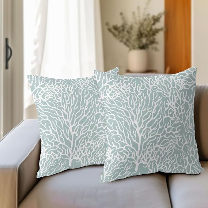 Nautical Coastal Coral Pillow Covers 24x24 Inch Set of 2 Summer Ocean Beach Seafoam Blue Decorative Pillow Cases Outdoor Linen Cushion Cover Farmhouse Decor for Bedroom Home Sofa Couch Bed