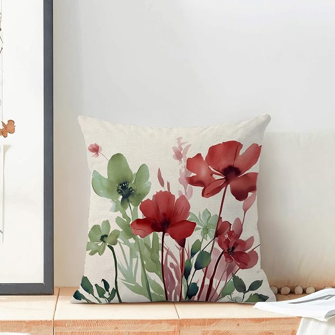 Floral Pillow Covers 18x18 Inches Set of 2 Sage Green Burgundy Red Floral Throw Pillow Covers Outdoor Rustic Summer Flower Decor Pillowcase Farmhouse Decorative Cushion Cover for Home Sofa