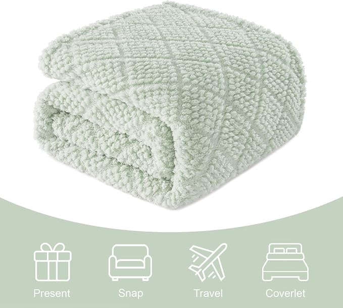 Whale Flotilla Soft Fleece Throw Blanket for Couch, Sage Green | Jacquard Waffle Blankets for Home Decor, Lightweight and Cozy, All Season Suitable, 50x60 Inch