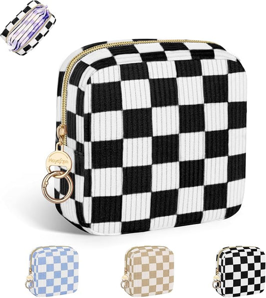 Checkered Period Bag for Teen Girls, Corduroy Sanitary Napkin Storage Bag with Ring Buckle, Cute Menstrual Pad Pouch Tampon Holder for Purse (Checkered-Black)