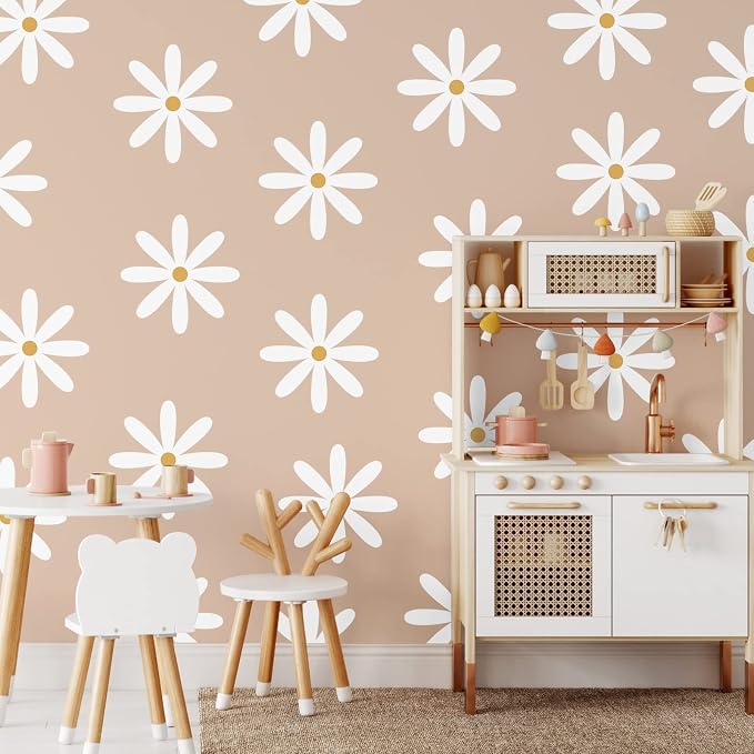 TaoBary 12 Sheet Daisy Wall Sticker Decal,White, Yellow,Fresh Style | Big Flower Wall Sticker, Pink White Floral Decal, Daisy Bedroom Room Decor, Removable Peel and Stick, Nursery Home Wall Decor