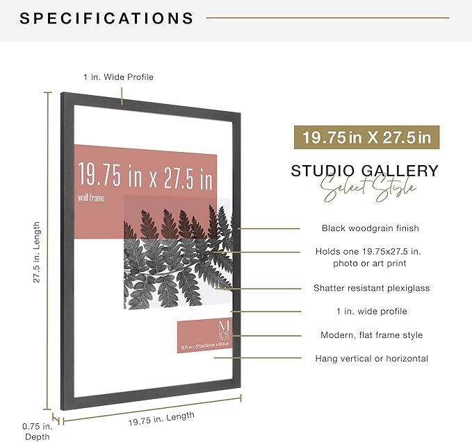 MCS Studio Gallery 19.75x27.5 Poster Frame Black Woodgrain Engineered Wood, Vertical & Horizontal Wall Hanging Large Picture Frame for Photos, Posters & Art Prints (1-Pack)