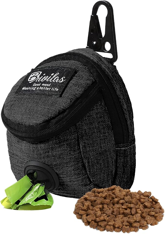 FuninCrea Dog Treat Pouch Bag, Black, 4.7 x 3.1 x 3.1 inches (12 x 8 x 8 cm), Oxford Cloth, Dog Training Treat Pouch with Built-in Poop Bag Dispenser, Practical Classic