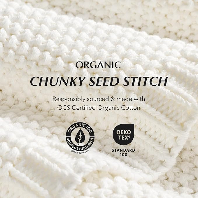 Organic Cotton Chunky Knit Throw Blanket, 50 x 60 Bright White | OCS Certified Organic Cotton, Seed Stitch Knit, Soft & Breathable, Cozy Midweight, Decorative Throw for Couch, Bed & Sofa