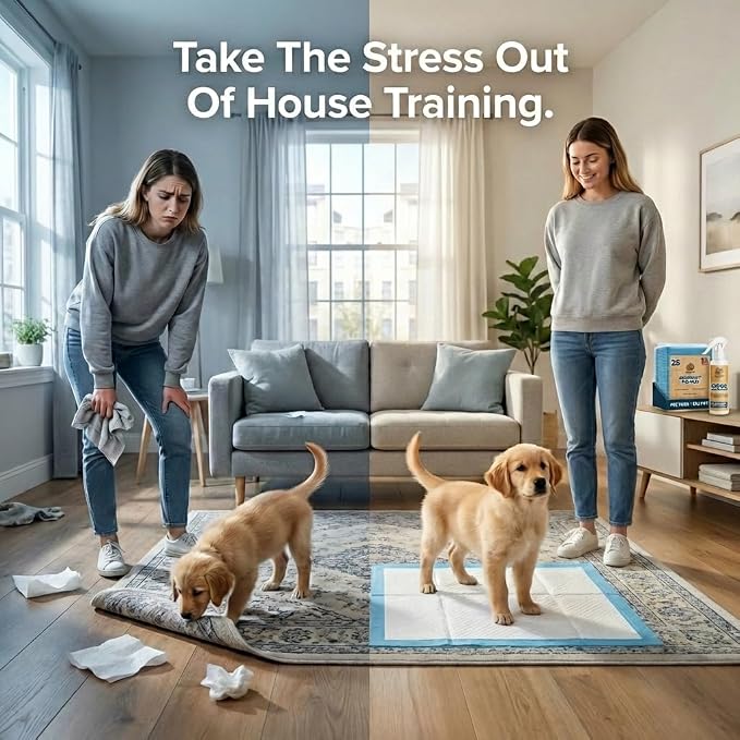 Extra Large Pee Pads for Dogs 30x23 in, 25 Count | Super Absorbent Multilayer Leak Proof Design | Quick Dry Top Layer | Includes Pet Urine Enzyme Cleaner | Disposable Potty Training Mat