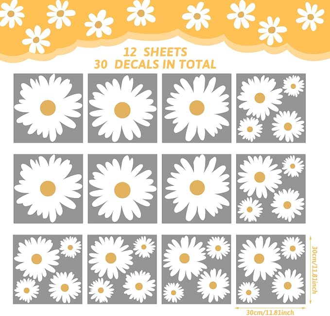 TaoBary 12 Sheet Daisy Wall Sticker Decal,White, Yellow,Multi Petal Style | Big Flower Wall Sticker, Pink White Floral Decal, Daisy Bedroom Room Decor, Removable Peel and Stick, Nursery Home Wall Decor