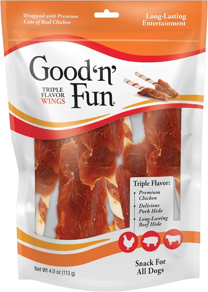 Good 'n' Fun Wings Long-Lasting Dog Treat With Real Protein, 4 oz (36 Pack) | Premium Chicken, Pork and Beef Hide Chew, Supports Dental Health and Mental Stimulation, For Adult Dogs