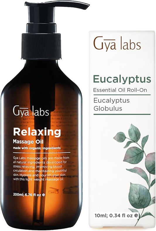 Relaxing Massage Oil (200ml) & Eucalyptus Roll On (10ml) Set - Aromatherapy Grade Essential Oils Set - Gya Labs