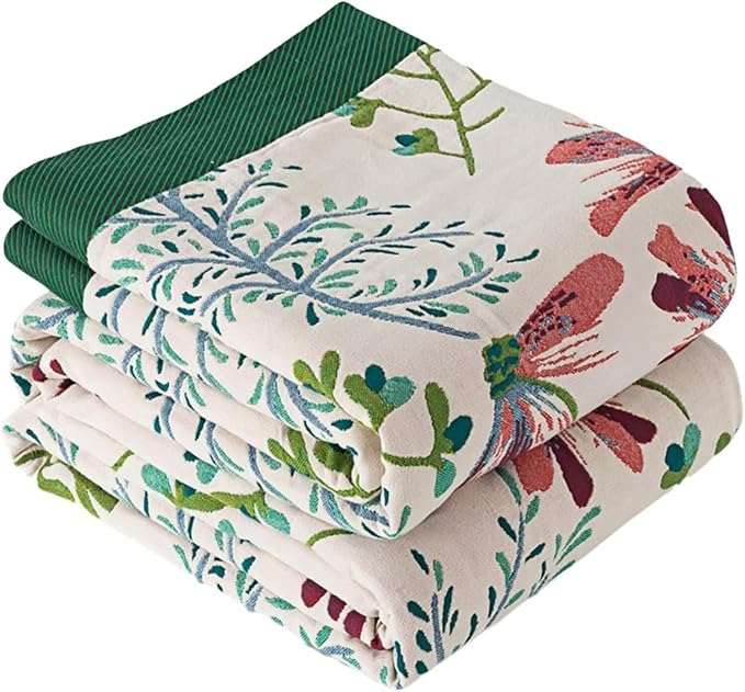 Boho Throw Blanket for Bed 100% Cotton Bohemian Blankets Ultra Soft Woven Muslin Decorative Blankets All Seasons Vintage Quilt Knitted Blanket for Sofa Chair(Green, 90"x98")