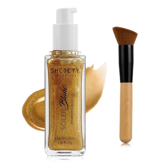 Shimmer Body Oil with Vitamin E, Body Glow Oil for Women, Long Lasting Waterproof & Moisturize for All Skin, Liquid Highlighter Makeup with Brush, Travel Size for Date, Wedding, Party, Champagne Gold