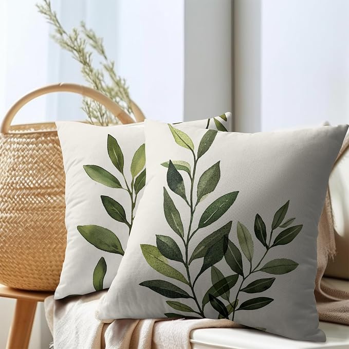 Kawani Sage Green Leaf Pillow Covers 18x18 Inch Set of 2 Spring Leaves Plants Botanical Decorative Pillowcase Cotton Linen Square Cushion Case for Couch Sofa Bedroom Home Decoration