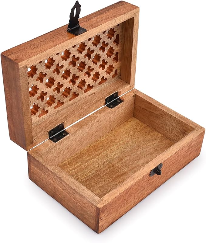 Mango Wood Decorative Wooden Box with Hinged Lid Wooden Storage Box, Decorative Bo xes With Lids (8" x 5" x 3")
