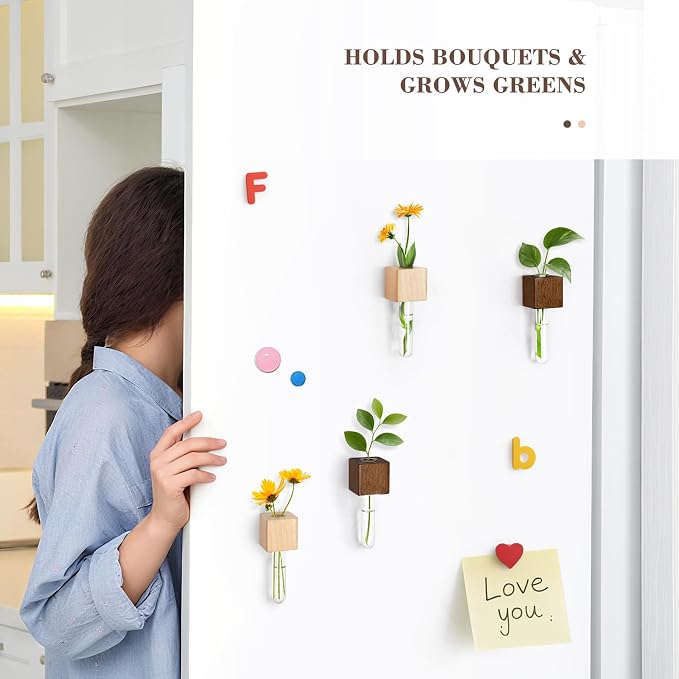 Magnetic Test Tube Flower Vases for Refrigerator, Set of 2 | Wooden magnetic vases in light and dark finishes for fresh cuttings and plant propagation. Plant not included. ﻿