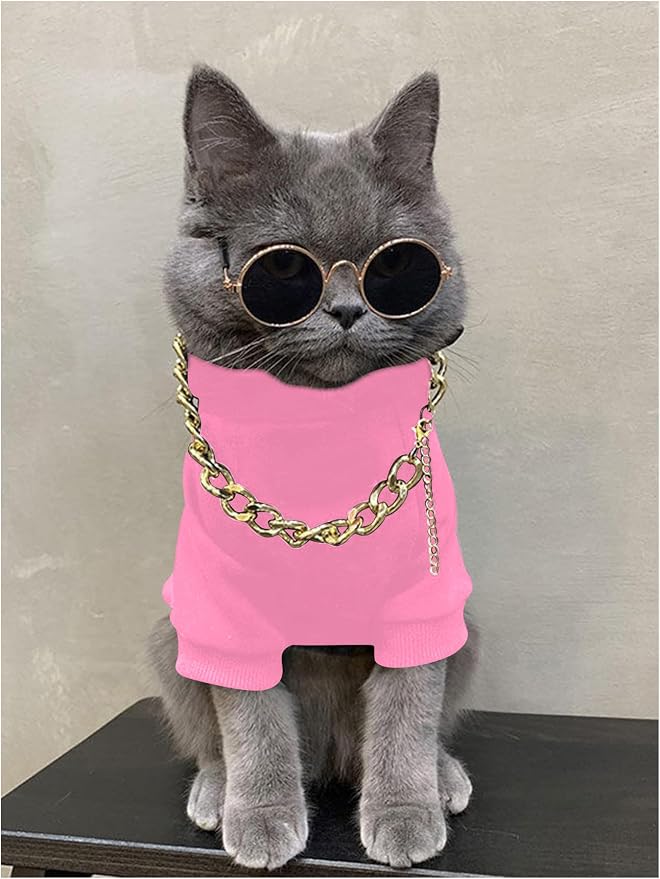 3Pcs Dog Hoodie Cat Apparel Dog Custume Set with Necklace and Sunglasses Pet Clothes for Puppy Small Medium Dogs Cats Light Pink X-Small