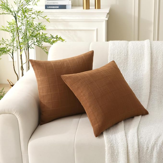 18" x 18" Decorative Throw Pillow with Inserts, Set of 2 Modern Neutral Farmhouse Vintage Throw Pillows, Square Boho Pillow for Couch, Bed, Sofa Decor (Brown, 18" x 18"(Pack of 2))