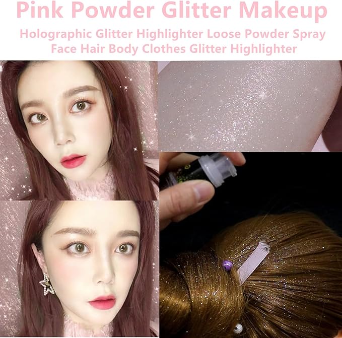 Go Ho Pink Hair and Body Glitter Spray,Light Pink Glitter Spray Dry Powder Makeup for Clothes,Festival Loose Sparkle Powder,Holographic Ultra Fine Resin Glitters for Crafts,10g