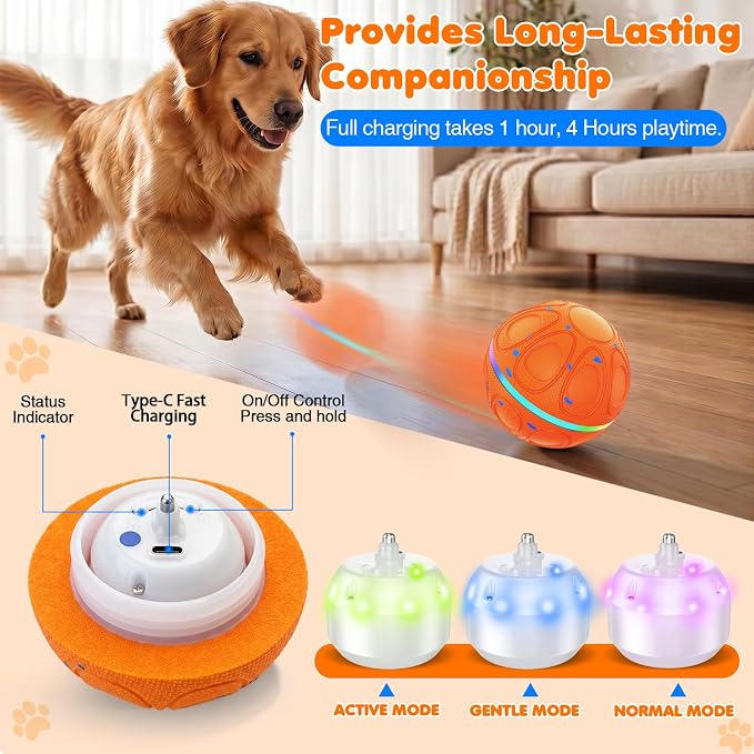 Interactive Dog Toys Ball – Automatic 3-Modes Active Rolling Balls (Orange) | Moving bouncing & rotating dog toy ball with colorful lights. Solid E-TPU material, IPX7 waterproof for medium & large dogs