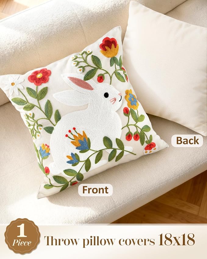 Animal Embroidered Throw Pillow Cover 18x18 Inch, Rabbit Floral | Decorative Pillow Cover, Cottagecore Cushion Cases with Hidden Zipper, Farmhouse Decor for Couch, Sofa, Living Room