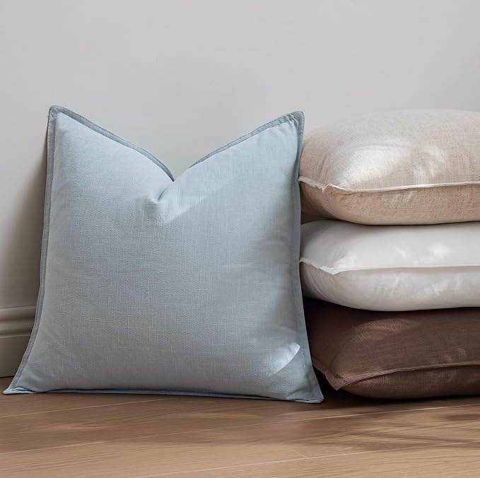 EMEMA Decorative Linen Throw Pillow Covers 20x20 Inch Light Blue | Boho Farmhouse Neutral Couch Throw Pillows for Bed Pack of 2 Accent Pillowcase Modern Sofa Cushion Livingroom Home Decor