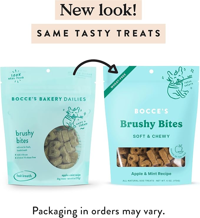 Bocce's Bakery Brushy Bites Soft Chewy Dog Treats, Apple Mint Flavor (6 oz) | Oven Baked, Wheat-Free Everyday Dog Treat Cookies - Made with Real, Limited Ingredients and Baked in The USA