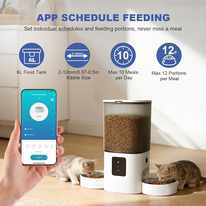 2.4G/5G Automatic Cat Feeder, 6L WiFi Cat Food Dispenser with 10s Voice Recorder, Double Bowl Pet Feeder up to 10 Meals per Day, Timed Feeder with Dry Food Sealed Ring (White)