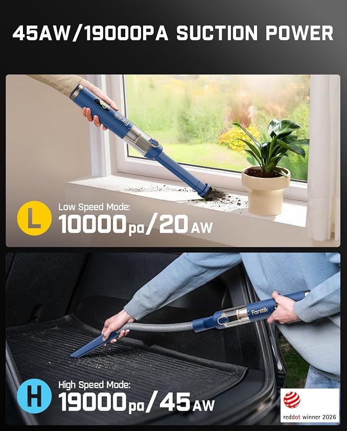 Fanttik Slim V10 APEX Cordless Car Vacuum, 4-in-1 Portable Mini Handheld Vac, Upgraded Smart Digital Display, 19kPa Suction Power, 2 Suction Modes for Small Jobs, Car, Office Desk, Keyboards (Blue)