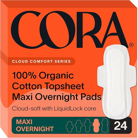 Cora 100% Organic Cotton Topsheet Pads Maxi Overnight Pads (24 Count)