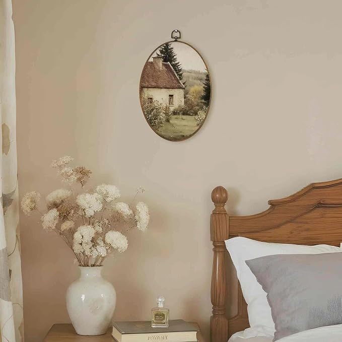 LKETW Rustic Farmhouse Country Oval Wall Art Decor, Cottagecore Antique Oval Canvas Hanging Decor, Vintage Countryside Landscape Wall Decorations for Home Bedroom Living Room, 8.6x11.4 Inch