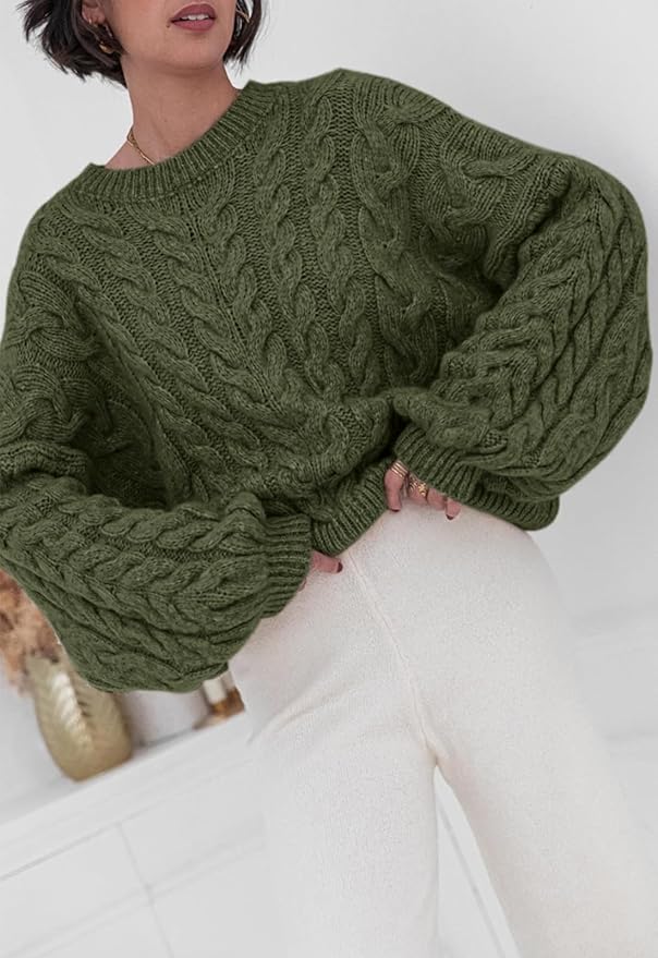 PRETTYGARDEN Womens Sweaters Spring 2026 Cable Knit Long Sleeve Crewneck Oversized Sweater Chunky Pullover Loose Outfits