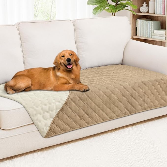 Smiry Waterproof Reversible Pet Couch Covers for Dogs | Pet Friendly, Soft Fabric, Washable Sofa Furniture Protector for Dogs Cat Kids, Checkered (40"x90", Camel/Beige)